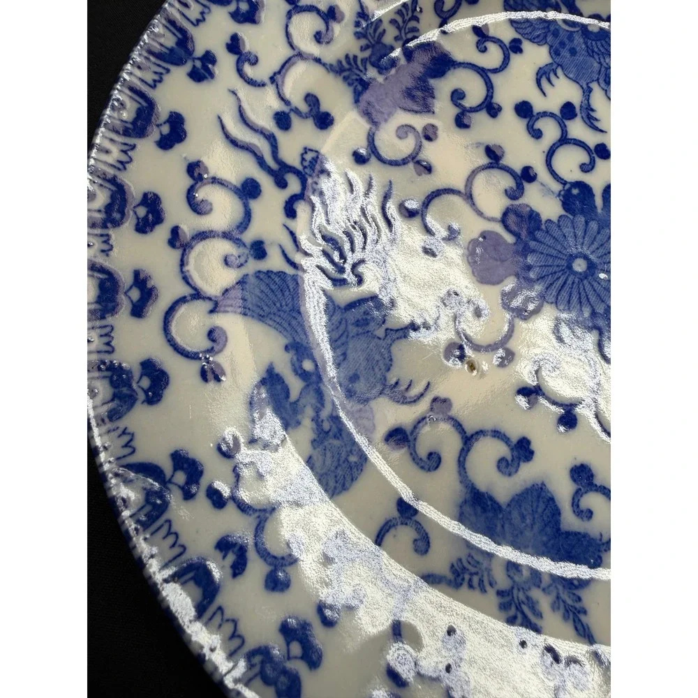 Vintage Blue and White Japanese Porcelain Phoenix Floral Transferware Plate 7